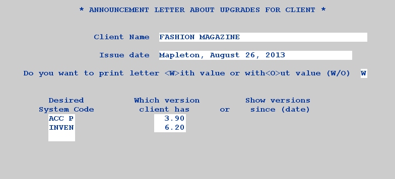 Screen for generating announcement letter about available upgrades for a user of a software