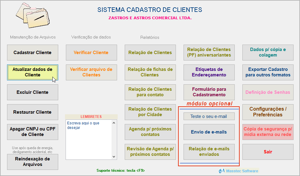 Tela do menu principal do sistema