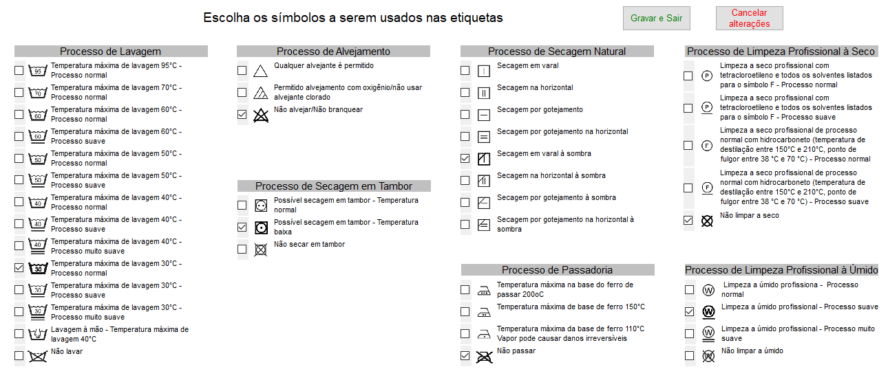 Tela para seleção de símbolos texteis