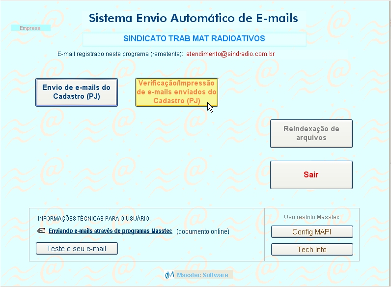 Tela do menu principal com o botão para verificar ou imprimir emails enviados