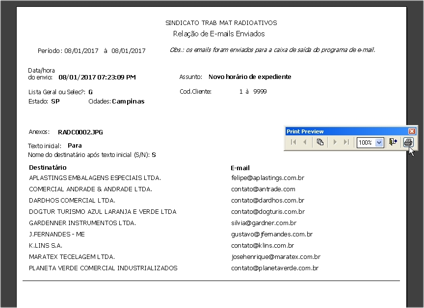 Tela mostrando relatório de emails enviados no período escolhido