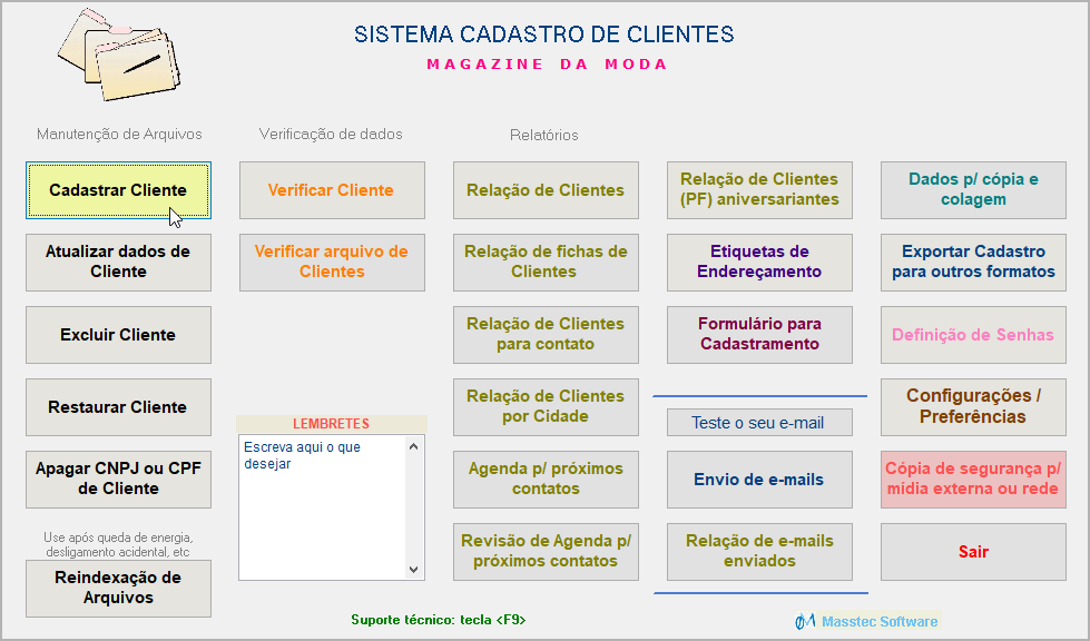 Menu principal do programa Cadastro de Clientes