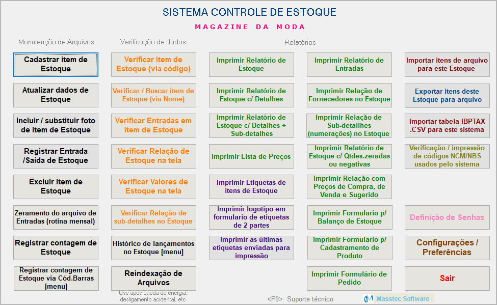 Tela de menu do sistema Controle de Estoque