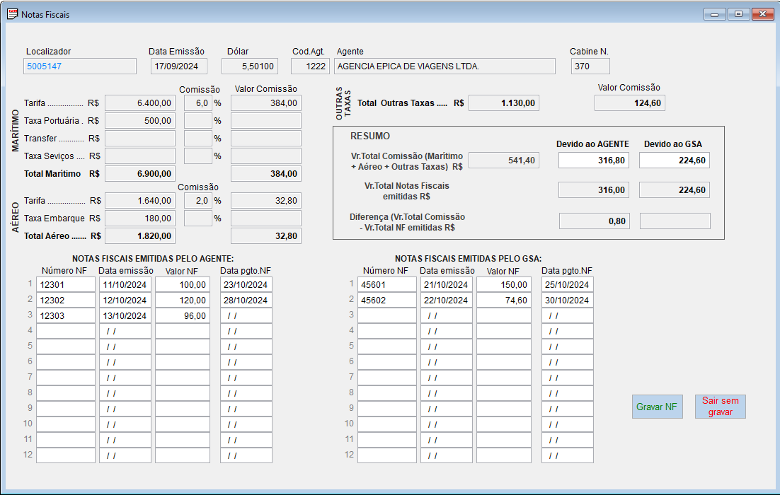 Tela com um exemplo de totalização de comissões e notas fiscais emitidas