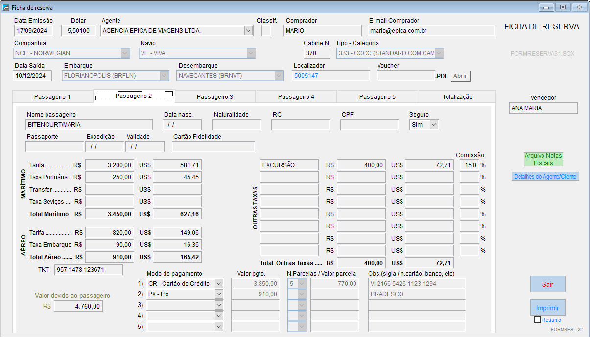 Tela com um exemplo de ficha de reserva de um cruzeiro marítimo