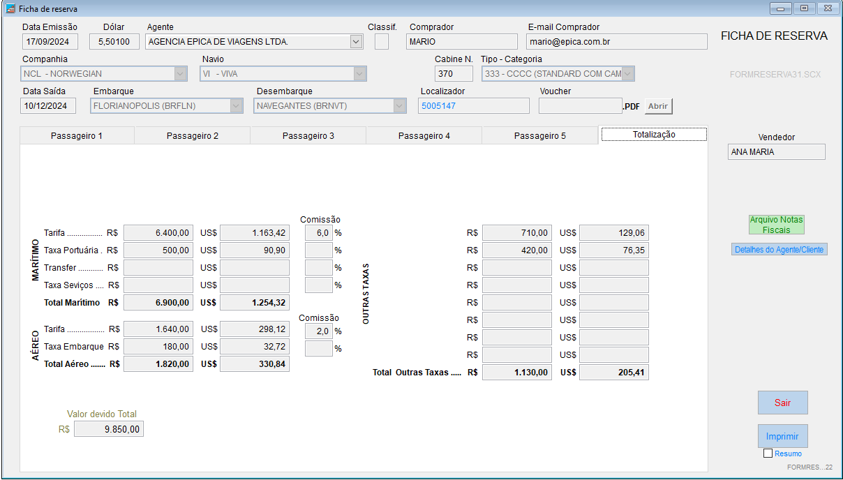 Tela com um exemplo de ficha de reserva com totalização de valores dos passageiros