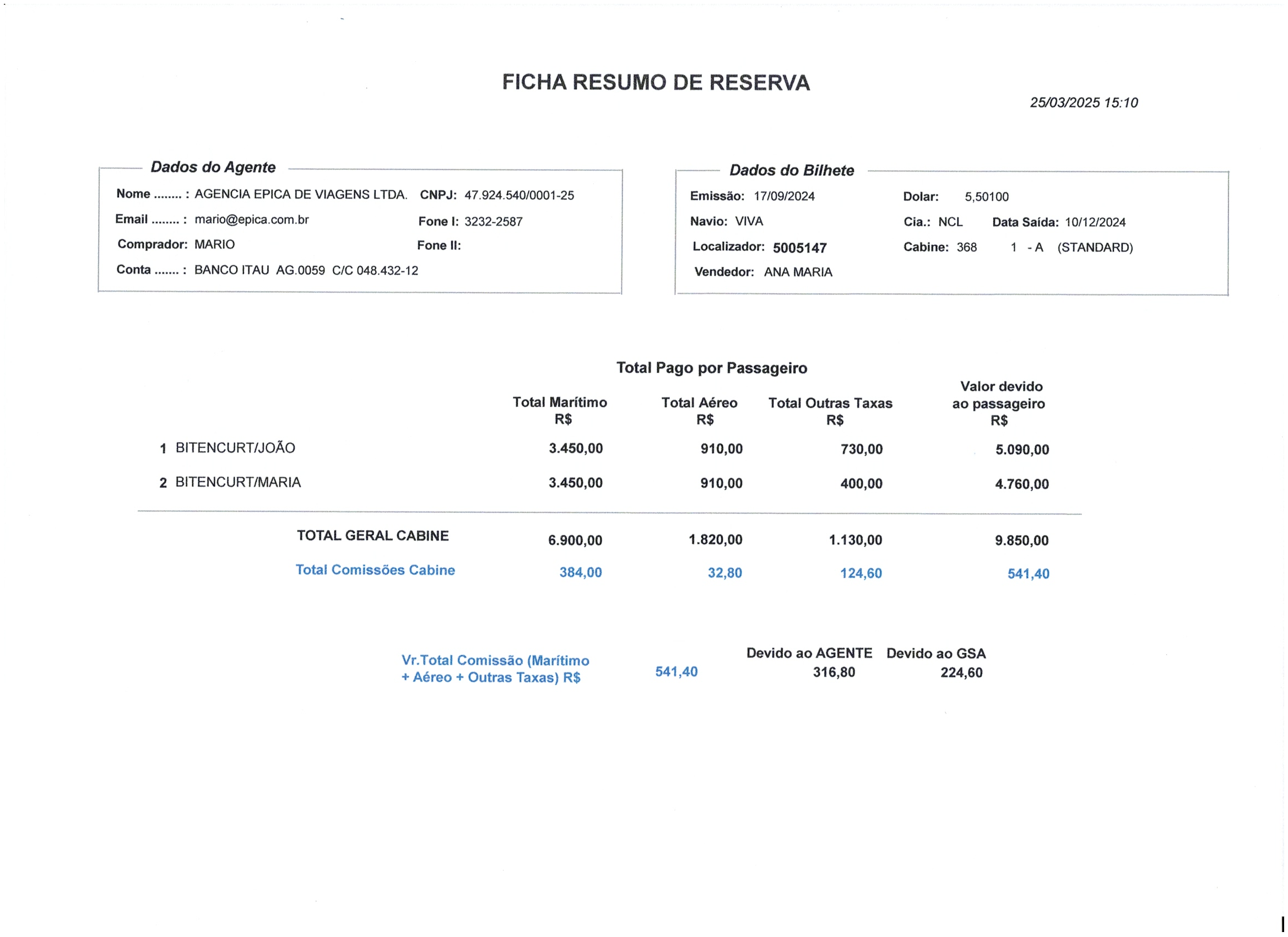 Tela com um exemplo de ficha resumo de reserva impressa