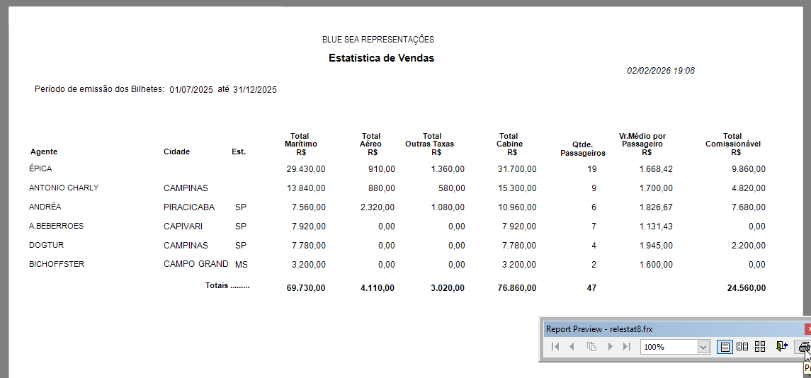 Tela com um exemplo de relatório estatistico