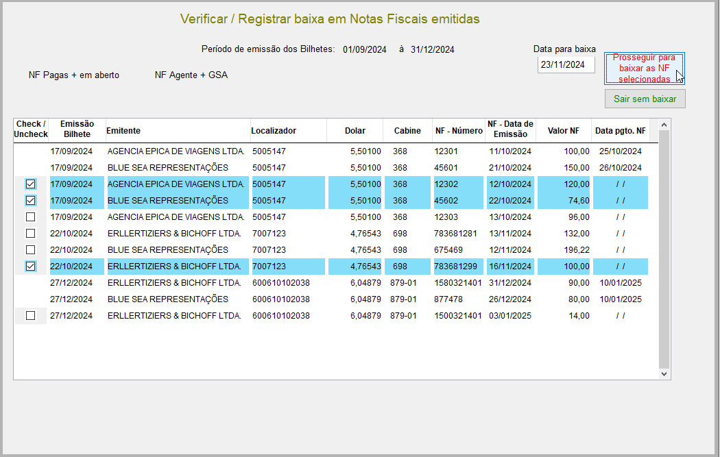 Tela com um exemplo de baixa simultânea de notas fiscais