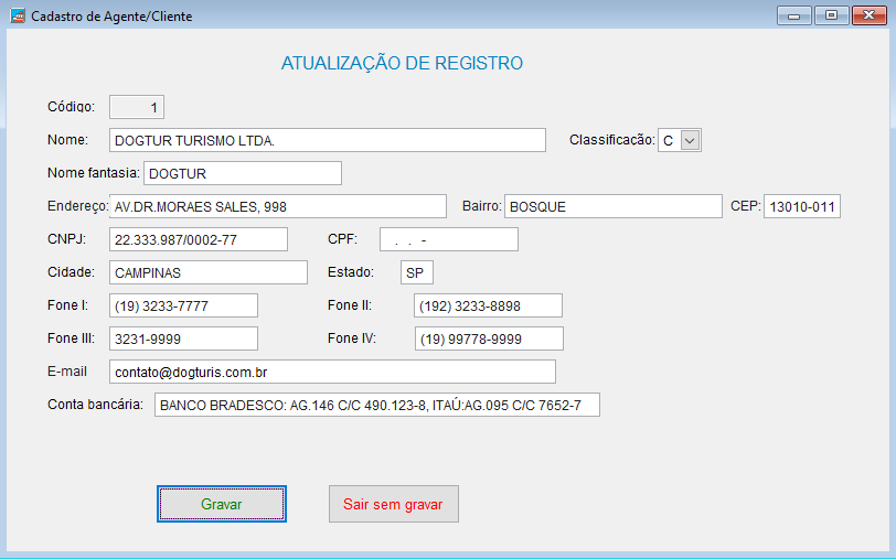 Tela de cadastro de agentes clientes compacto