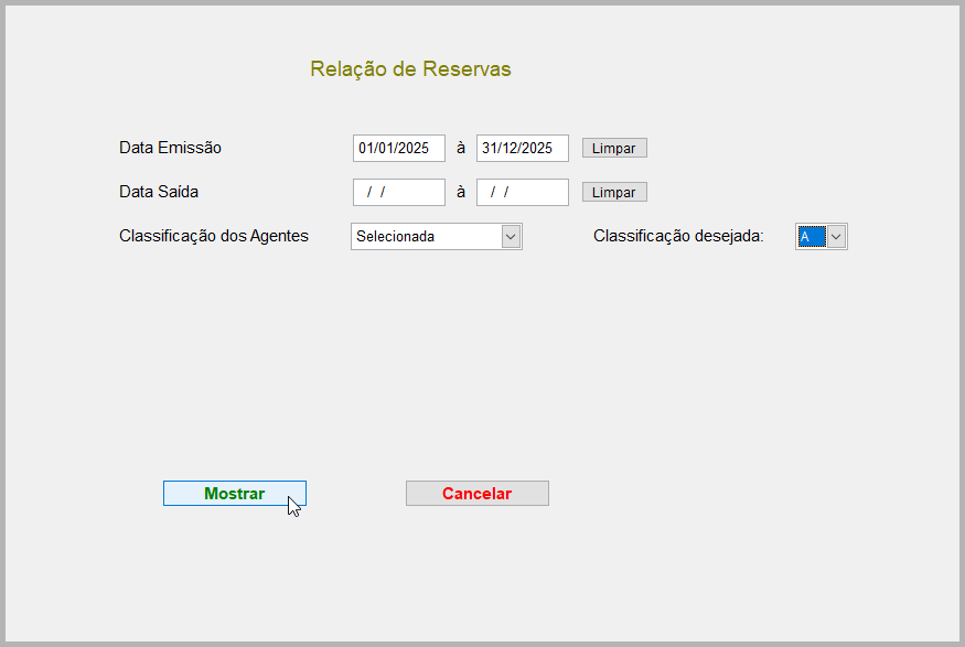 Tela com opções para seleção de Reservas gravadas