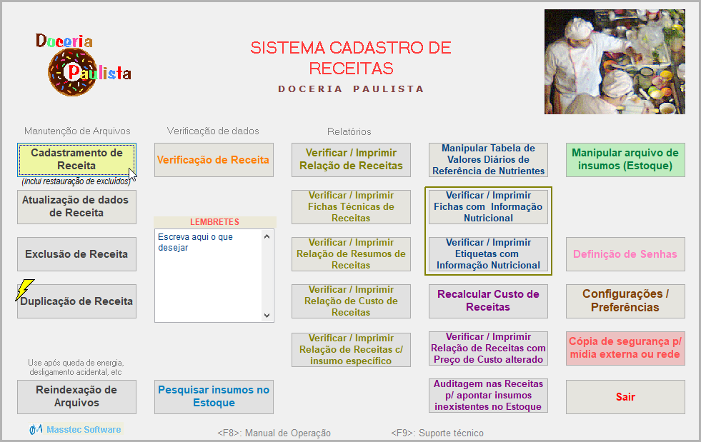 Tela principal do sistema de Receitas