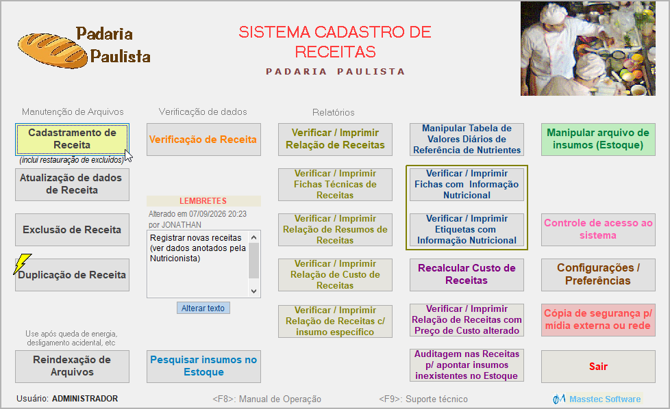 Tela principal do sistema de Receitas