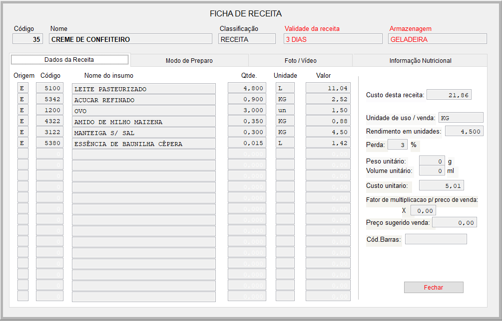 Foto da tela do sistema com dados da receita