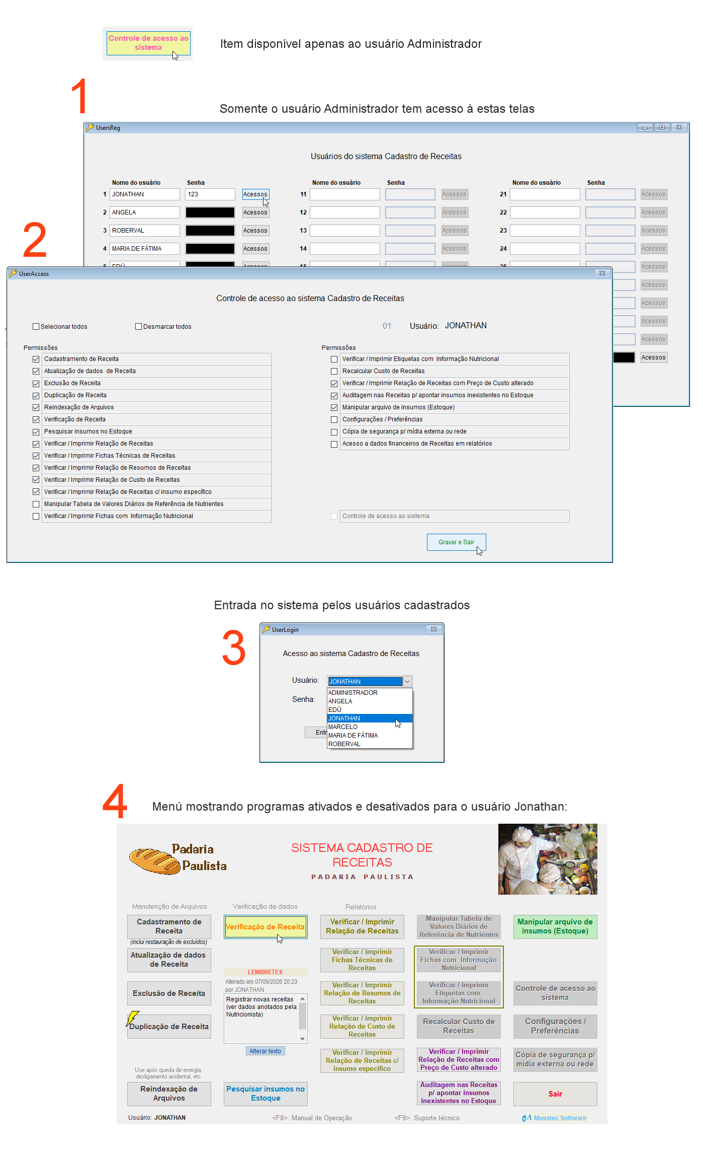 Telas mostrando o controle de acesso aos programas do sistema