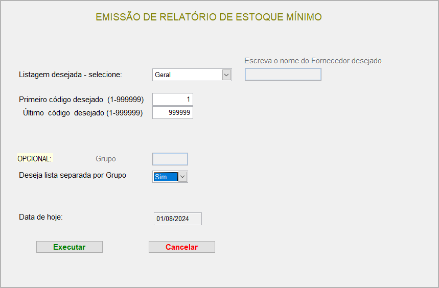 Tela para seleção do Relatório de Estoque Mínimo